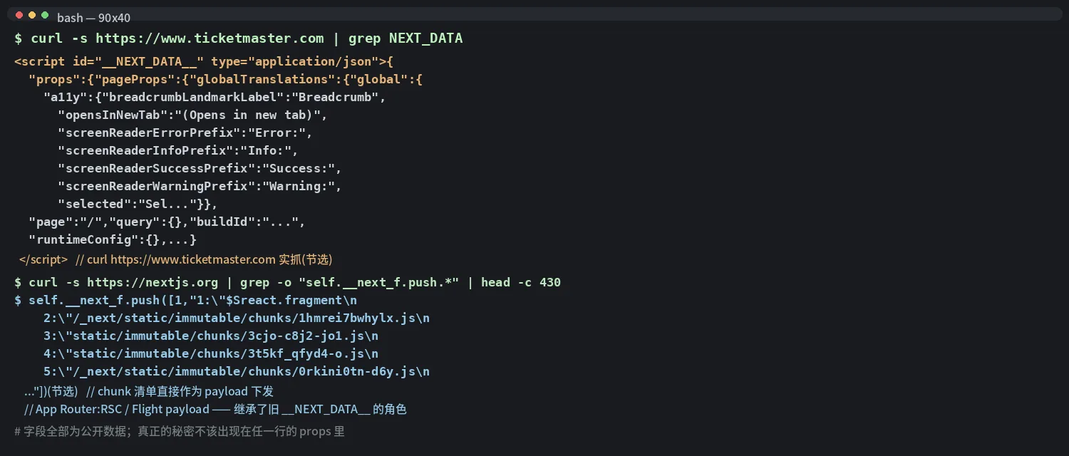 终端实拍:两种机制、同一条边界——上为 Pages Router 的 __NEXT_DATA__,下为 App Router 的 RSC payload|自制实拍 curl 实拍:上=Ticketmaster 首页返回的真实 NEXT_ 块(节选,内容为公开的界面翻译文本);下=Next.js 官方首页返回的 RSC payload 片段(节选,chunk 清单)
