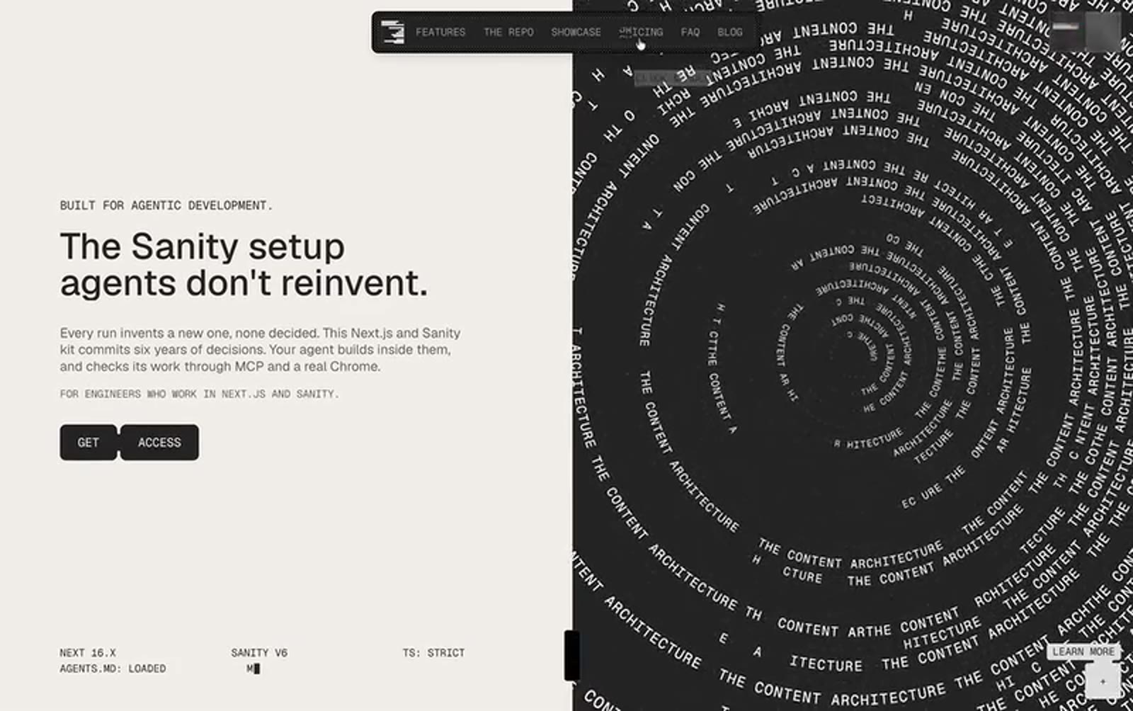 Sanity.io 的 AI Agent 时代产品页:左侧文案右侧文字云螺旋