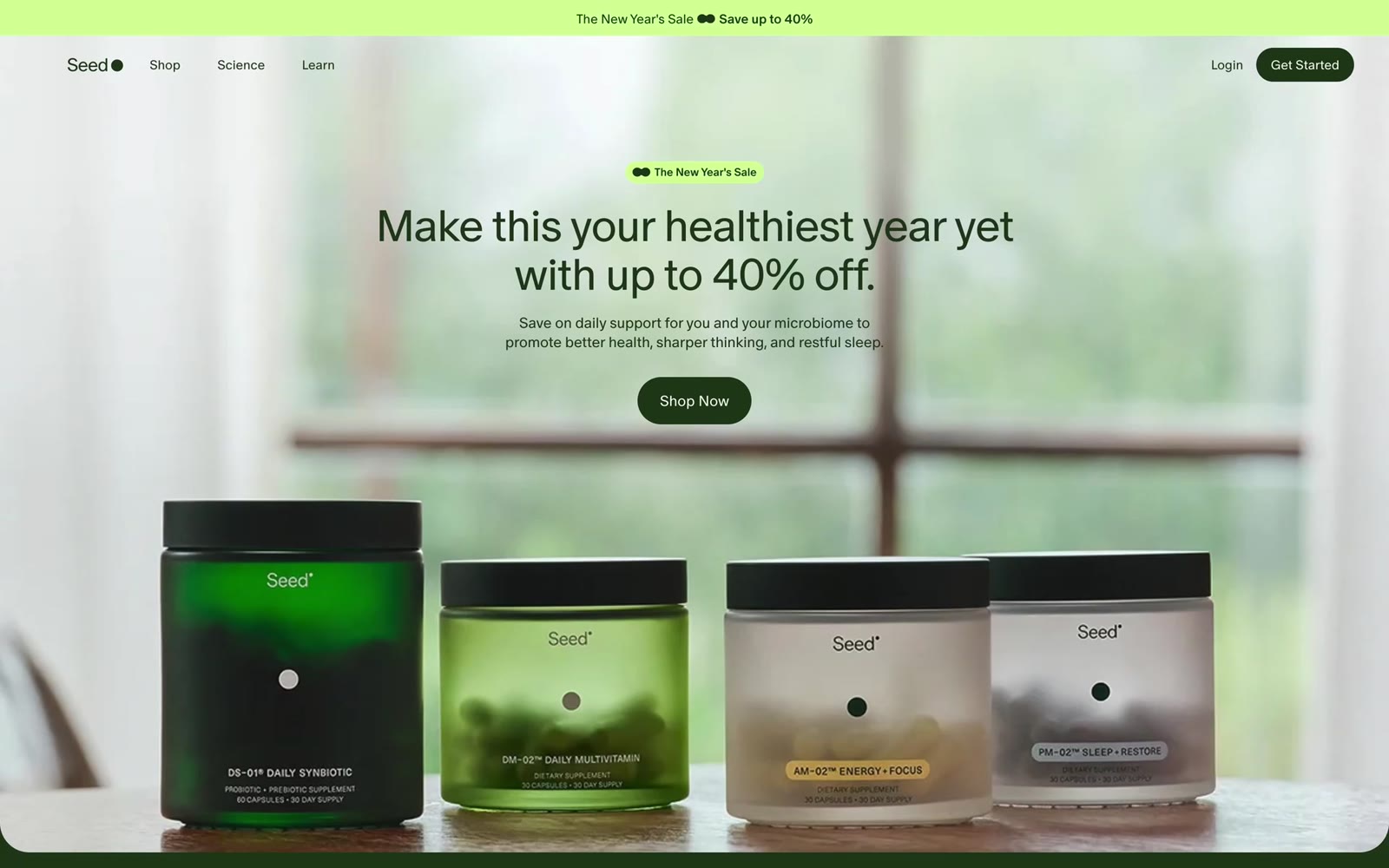 Seed Health 官网首屏:新年促销横幅下的产品阵列