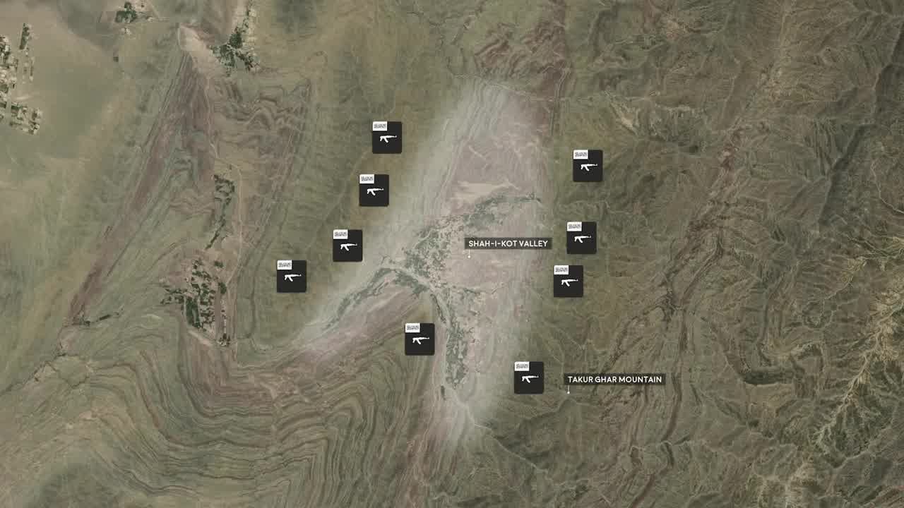 The Operations Room 第 200 秒：SHAH-I-KOT VALLEY / TAKUR GHAR MOUNTAIN 英文标注的战术地图